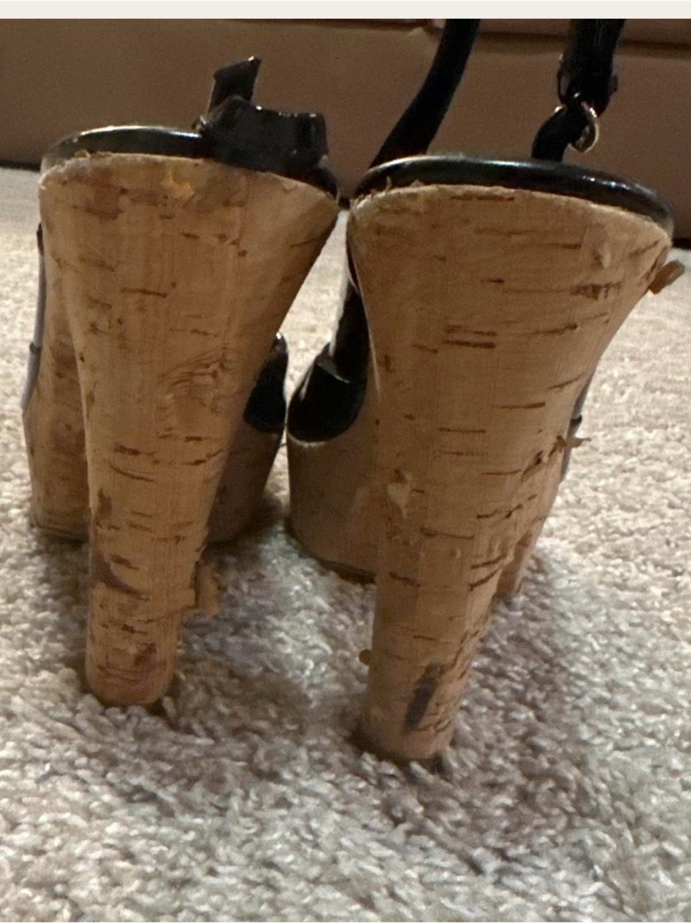 Gucci Black Patent Leather Cork Platform Peep-Toe Slingbacks with Logo